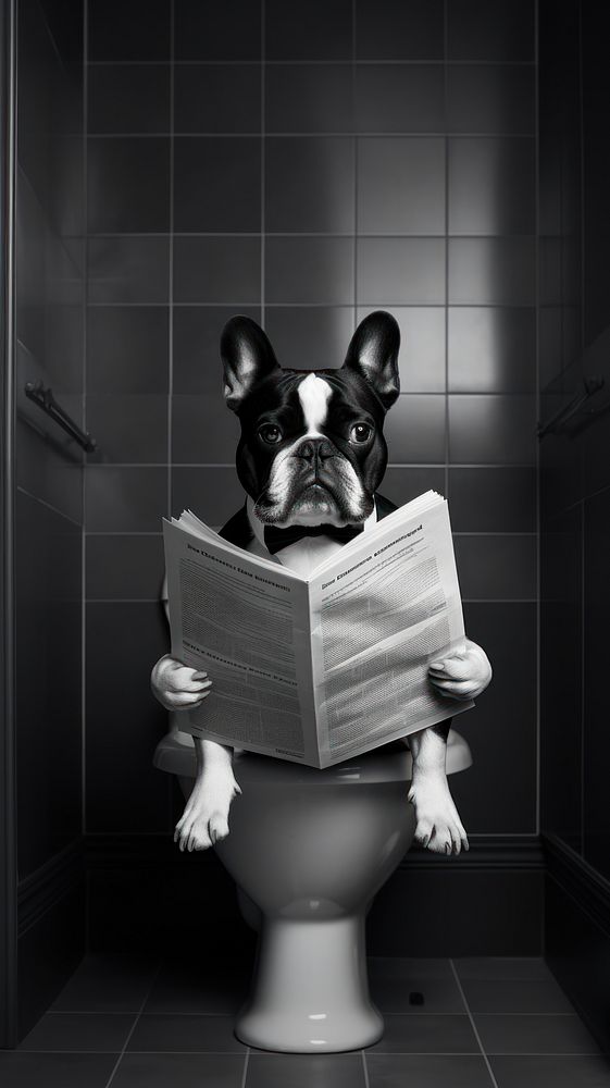 A dog sitting in the toilet and reading newspaper bathroom mammal black. 