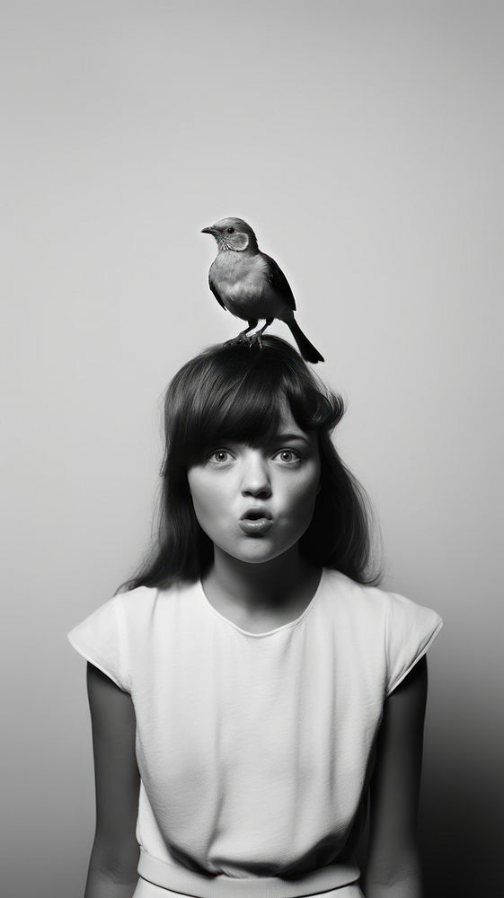 A girl making funny face because a cute bird stand on her head photography portrait animal. 