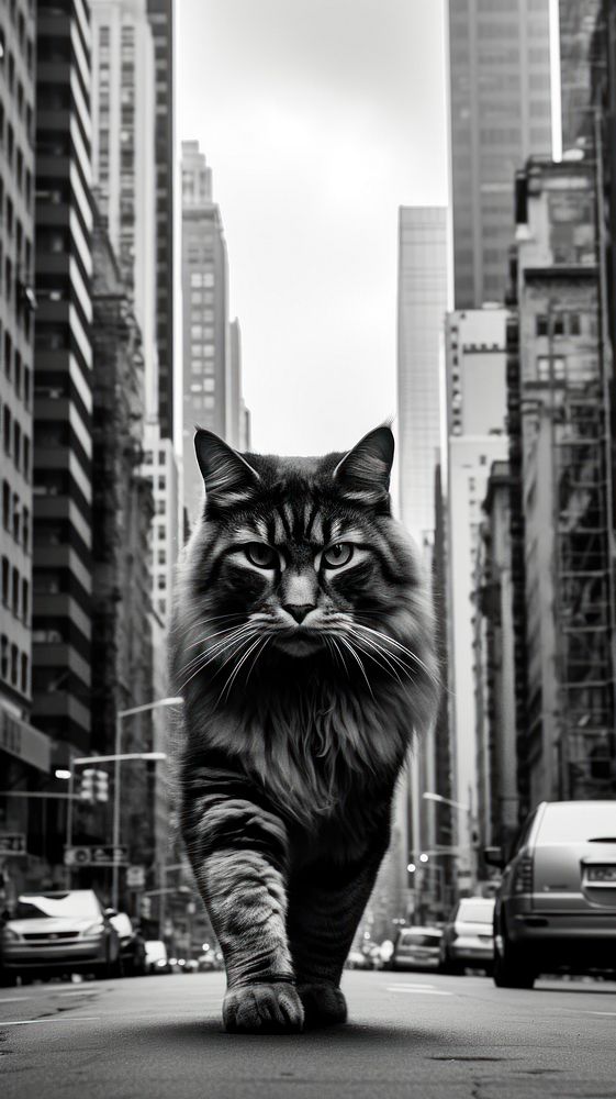 A giant cat walking in the city photography cityscape mammal. AI generated Image by rawpixel.