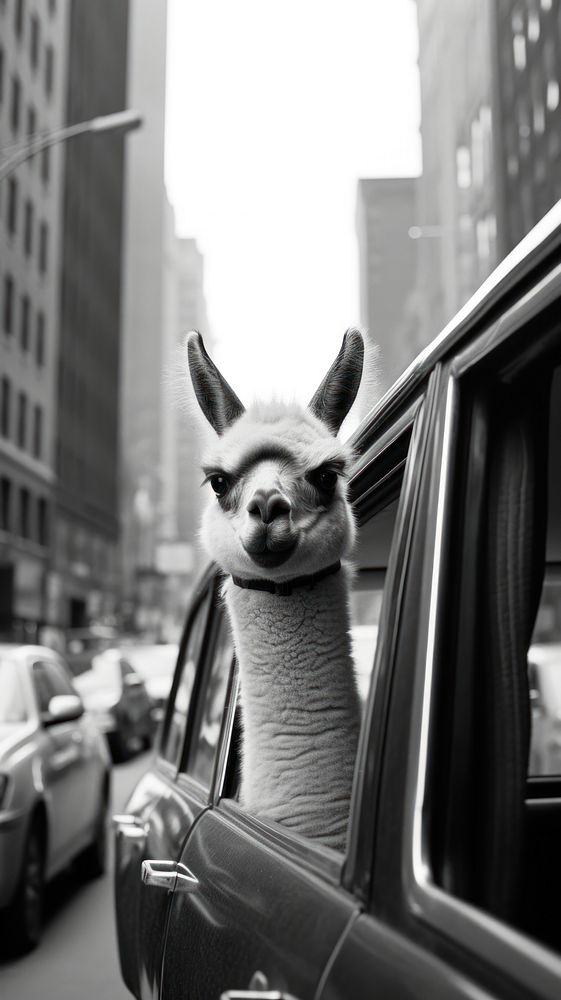 An alpaca in the car in the middle of the city livestock vehicle mammal. 