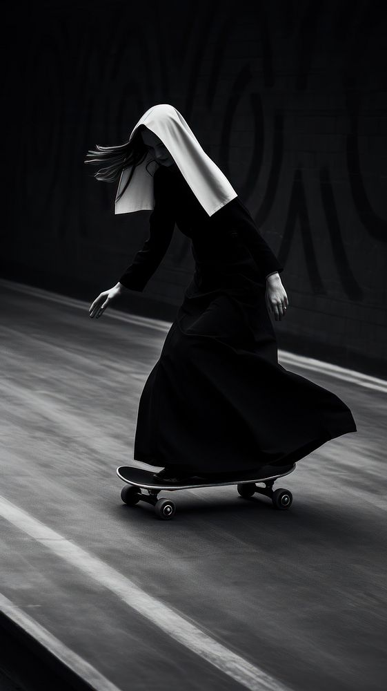 A nun playing skateboard on the street footwear dancing motion. AI generated Image by rawpixel.