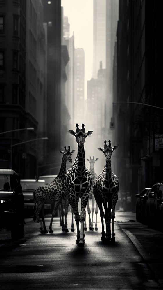 Several wild-animals walking in the city wildlife outdoors giraffe. AI generated Image by rawpixel.