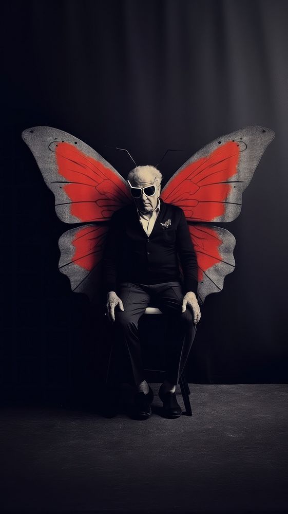 An old man wearing butterfly costume photography portrait black. AI generated Image by rawpixel.