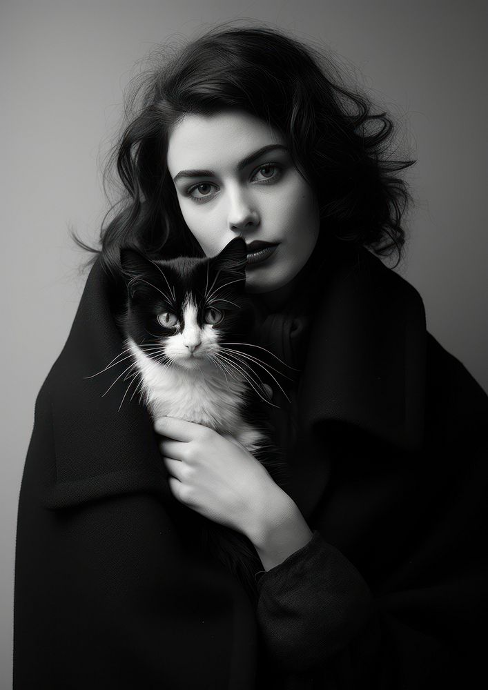 Woman wearing vintage coat playing with cats photography portrait fashion. AI generated Image by rawpixel.