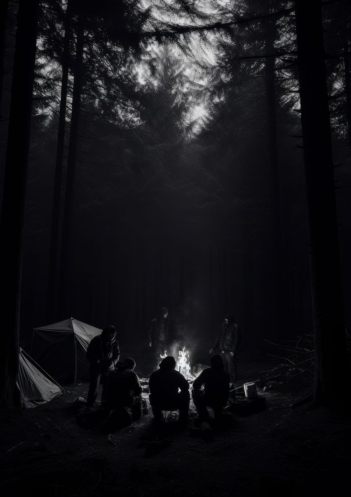 A group of people camping in the middle of the forest outdoors woodland nature. AI generated Image by rawpixel.