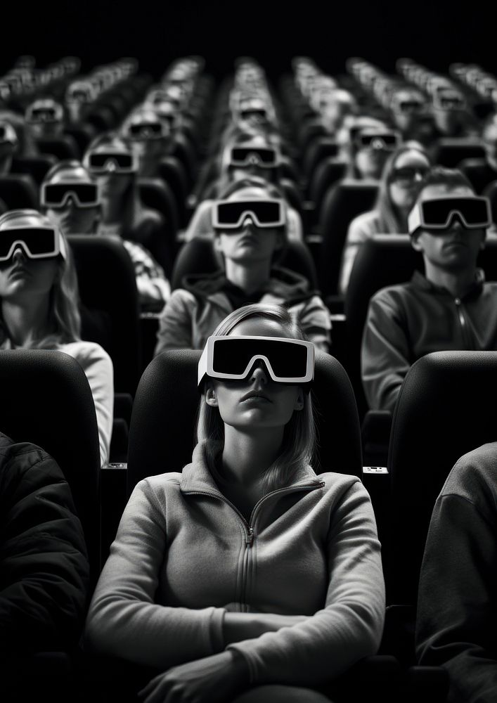 A lot of people in the cinema watching movie wearing 3d eye glass photography portrait glasses. 