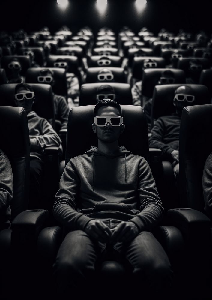 A lot of people in the cinema watching movie wearing 3d eye glass adult black accessories. 