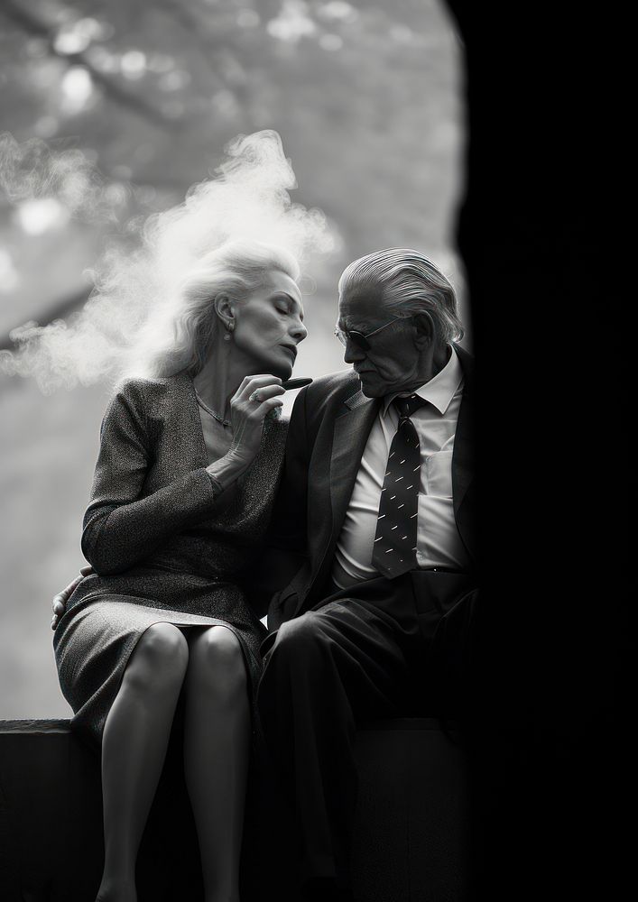 A woman smoking sitting next to an elder man smoking cigarrette in the park photography portrait adult. AI generated Image…