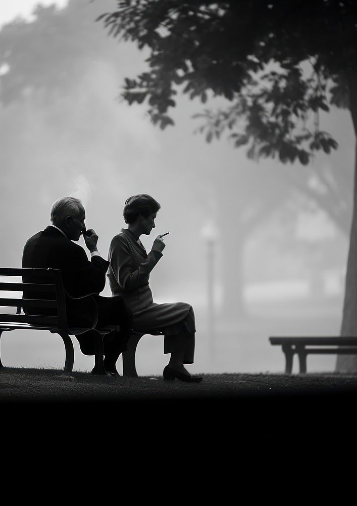 A woman smoking sitting next to an elder man smoking cigarrette in the park outdoors black white. AI generated Image by…