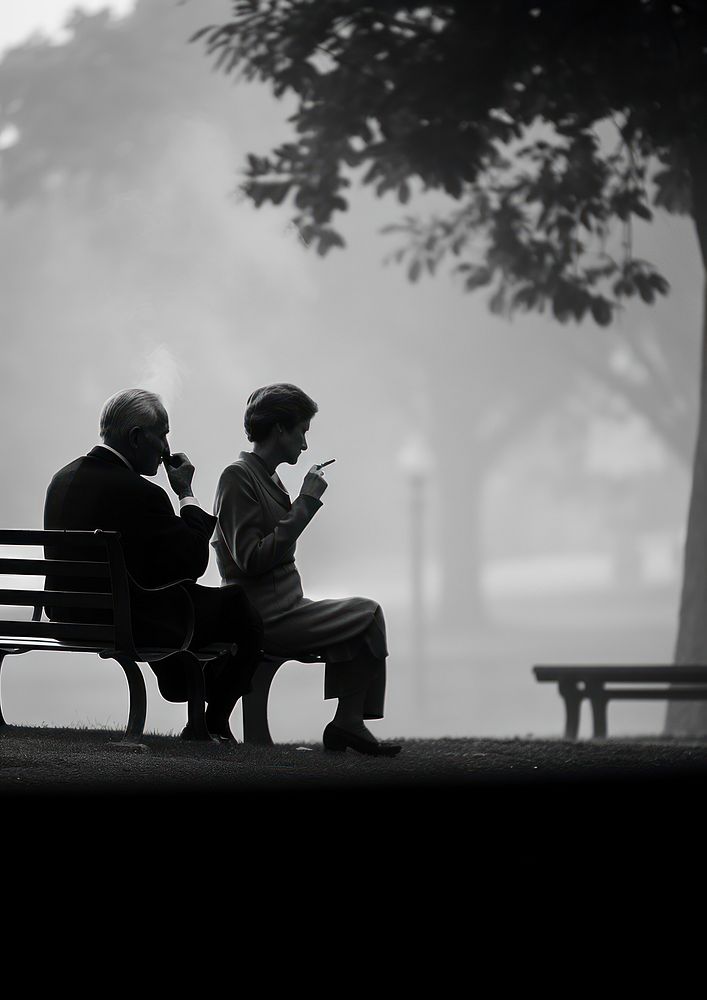 A woman smoking sitting next to an elder man smoking cigarrette in the park outdoors black white. 