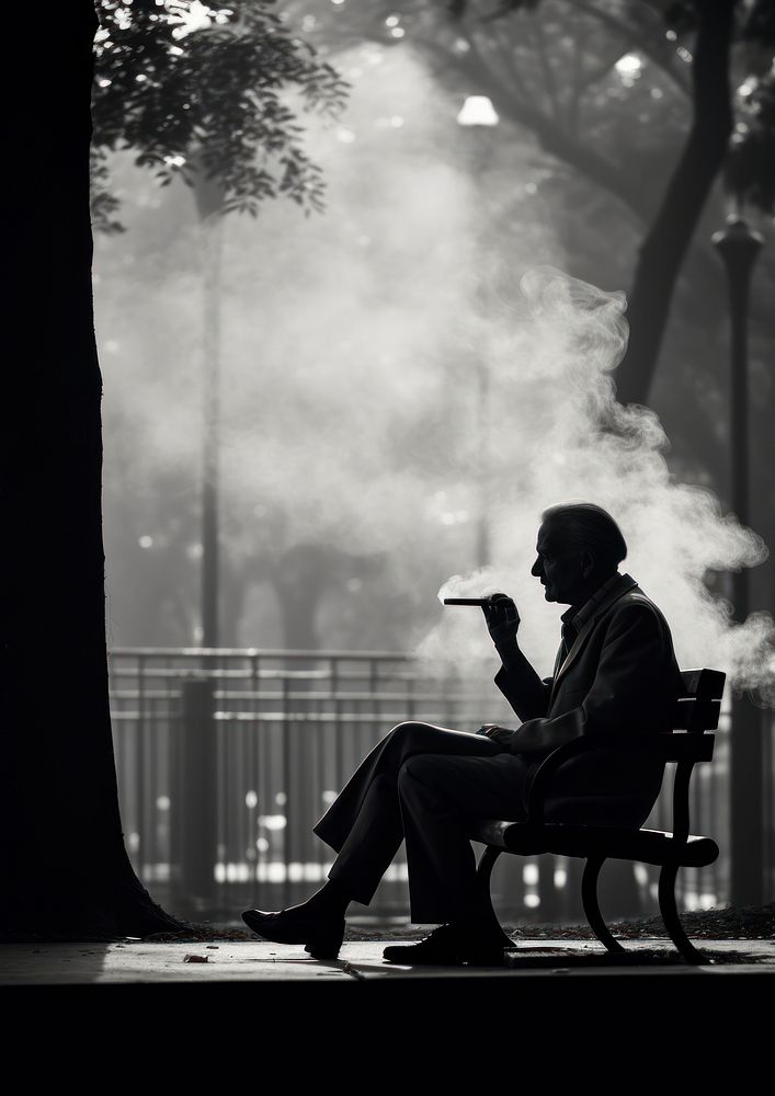 A woman smoking sitting next to an elder man smoking cigarrette in the park black white adult. AI generated Image by…