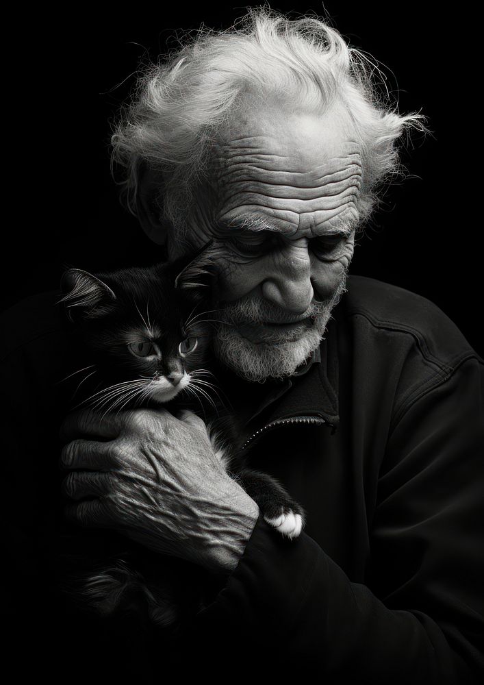 An old man cuddle with a kitten photography portrait animal. AI generated Image by rawpixel.