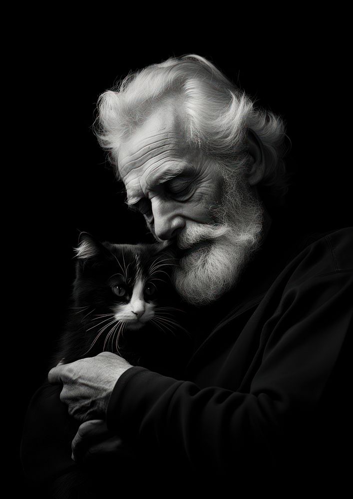 An old man cuddle with a kitten photography portrait animal. AI generated Image by rawpixel.