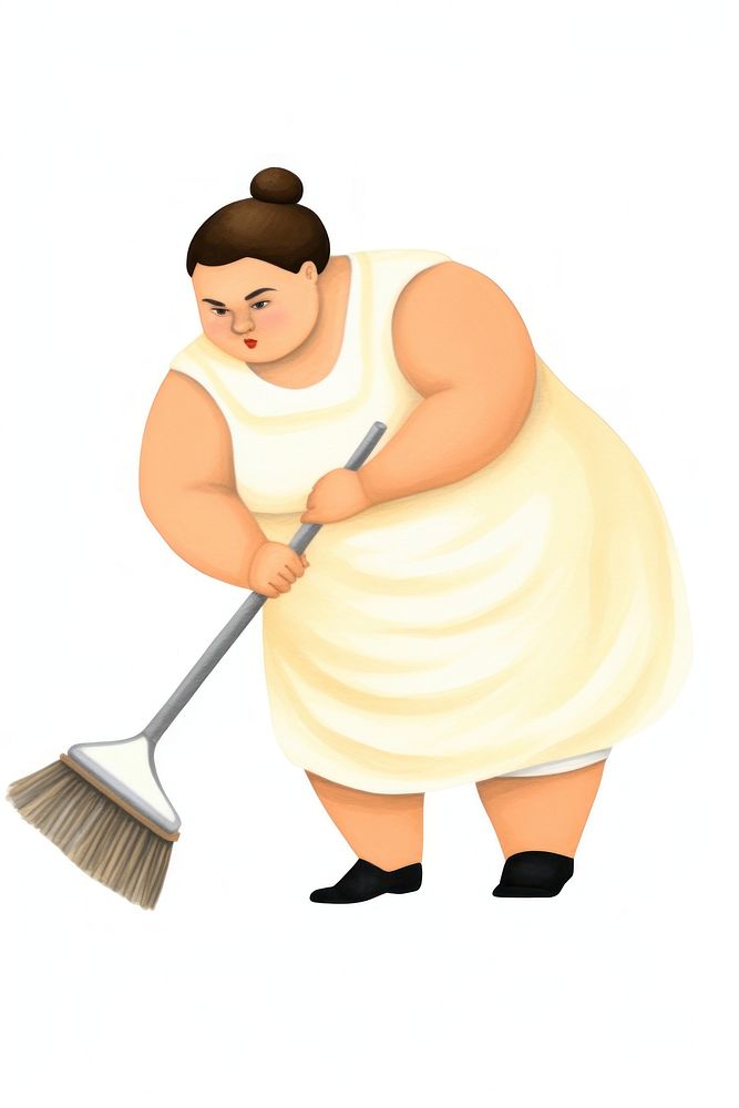 Chubby woman cleaning broom white background standing. AI generated Image by rawpixel.
