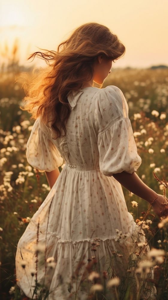Female in a peasant white dress nature flower field. AI generated Image by rawpixel.