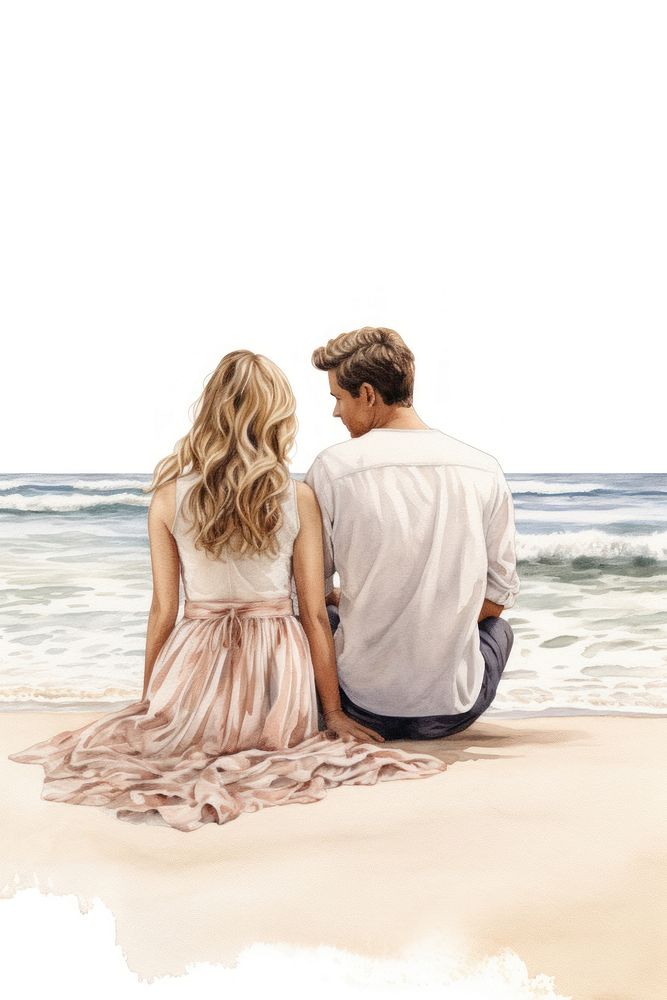Couple sitting beach outdoors drawing. 