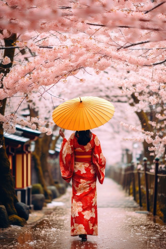 Woman with an open umbrella blossom tradition nature. AI generated Image by rawpixel.