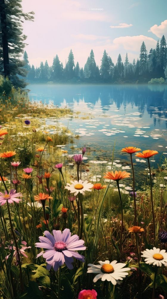 Meadow filled with wildflowers lake wilderness landscape. AI generated Image by rawpixel.
