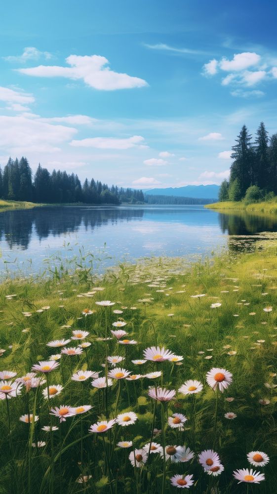 Meadow filled with wildflowers lake landscape grassland. 