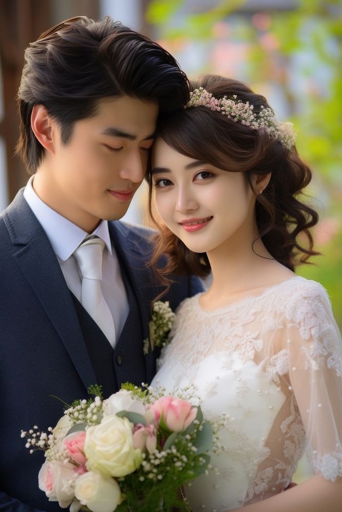 Japanese couple in wedding fashion flower dress. AI generated Image by rawpixel.