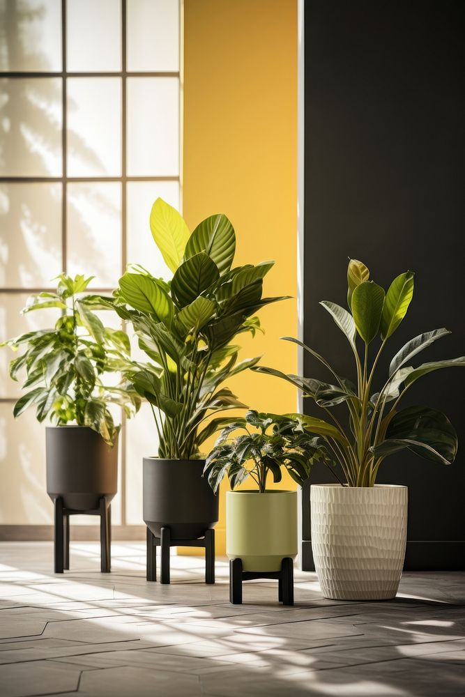 Potted plants yellow vase architecture. AI generated Image by rawpixel.