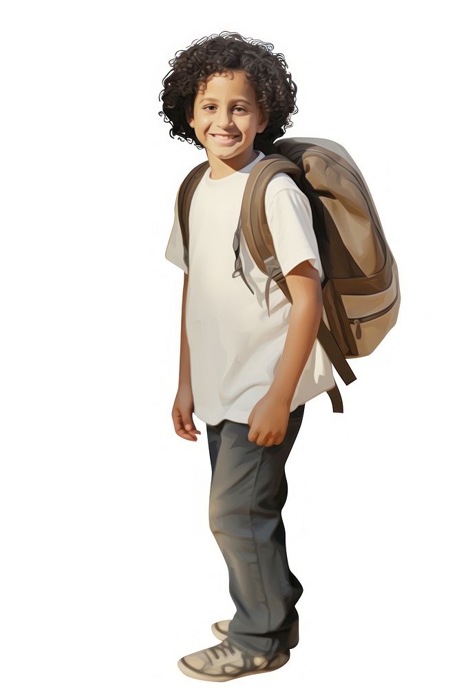 Child with backpack standing footwear white background happiness. AI generated Image by rawpixel.