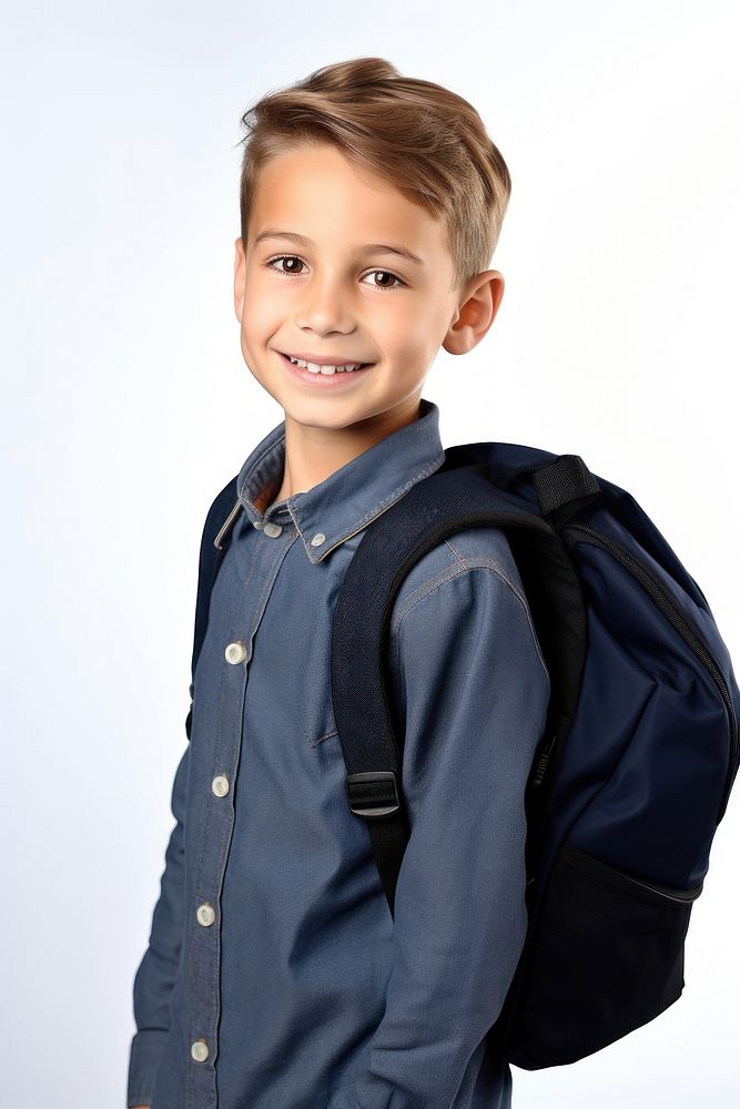 Child with school backpack portrait standing jacket. AI generated Image by rawpixel.