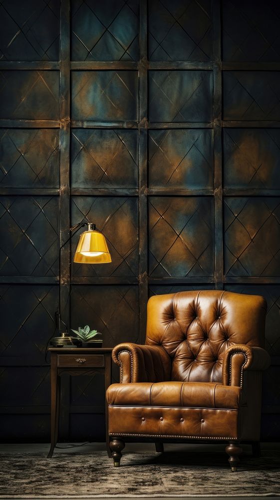 Interior pattern wallpaper furniture armchair lamp. AI generated Image by rawpixel.