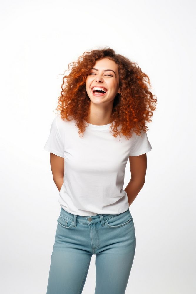 Young female with curly hair cheerful laughing t-shirt. AI generated Image by rawpixel.