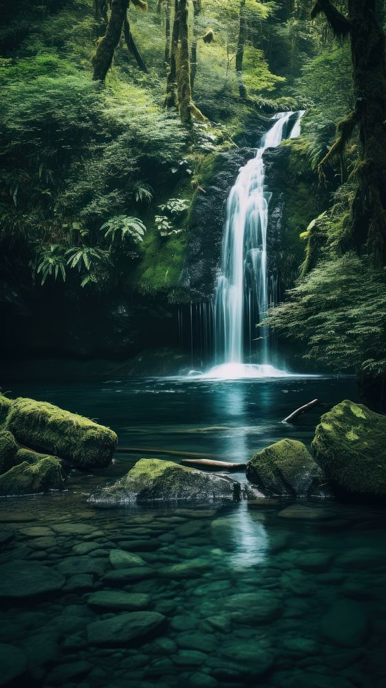 Waterfall in the forest landscape outdoors woodland. AI generated Image by rawpixel.