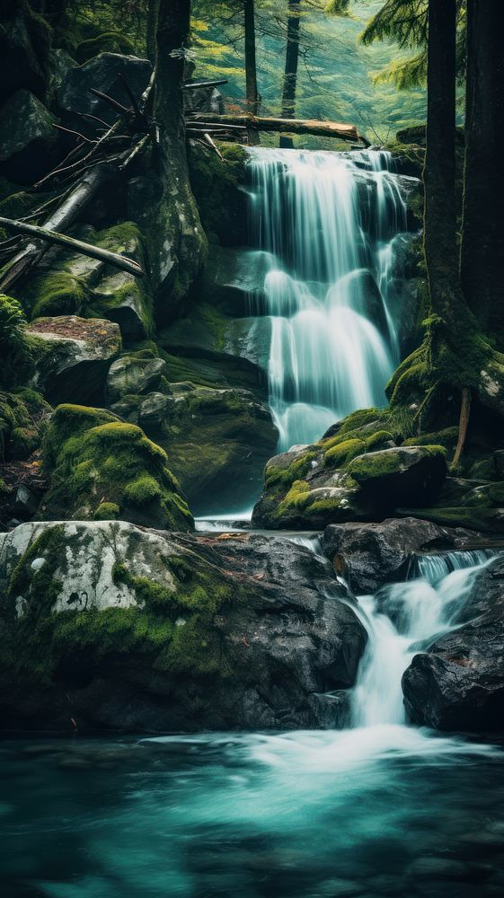 Waterfall in the forest landscape outdoors woodland. AI generated Image by rawpixel.