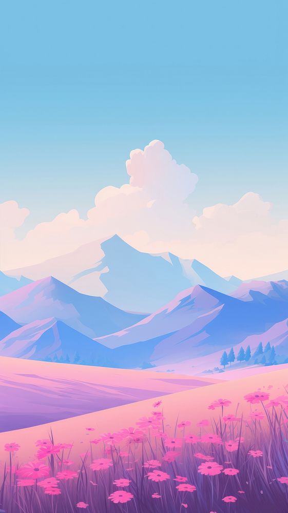 A brightly colored field and mountains overlooking the road backgrounds landscape outdoors. AI generated Image by rawpixel.