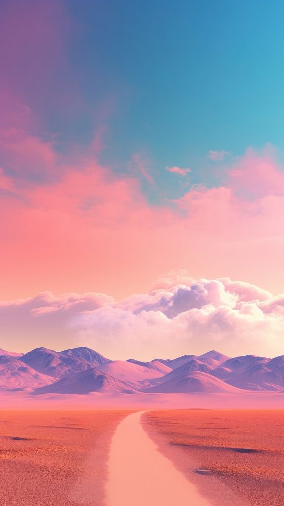 A brightly colored field and mountains overlooking the road outdoors horizon nature. AI generated Image by rawpixel.
