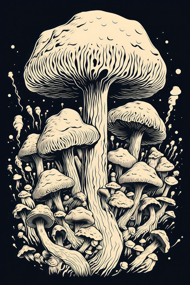 Fungi monochrome mushroom drawing. AI generated Image by rawpixel.