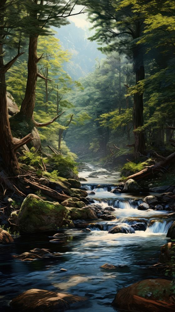 Running river in the forest landscape wilderness outdoors. AI generated Image by rawpixel.