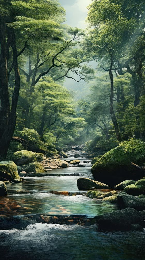 Running river in the forest landscape vegetation outdoors. AI generated Image by rawpixel.