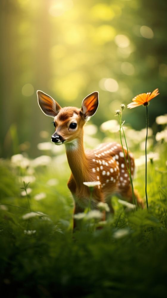 A small deer with a butterfly resting on it in green field wildlife animal mammal. AI generated Image by rawpixel.
