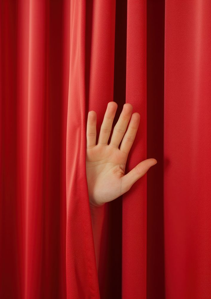Hand holding up a red curtain finger backgrounds gesturing. AI generated Image by rawpixel.