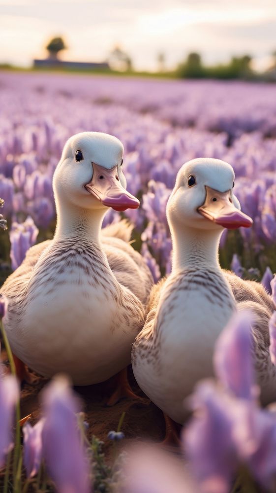 Ducks in a lavender field outdoors animal flower. AI generated Image by rawpixel.