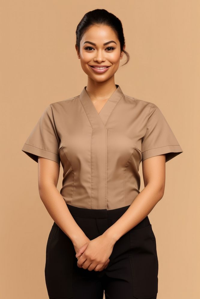 Middle age mixed race american professional masseuse uniform blouse sleeve. AI generated Image by rawpixel.