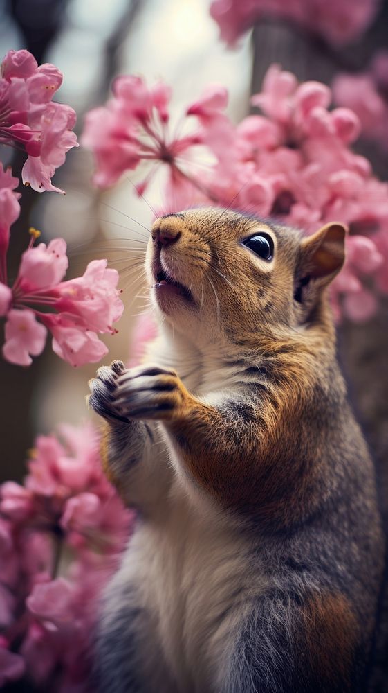 Squirrel Smelling Flowers squirrel flower outdoors. AI generated Image by rawpixel.