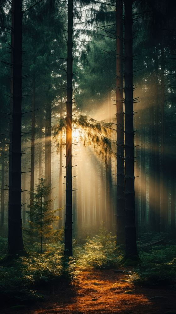 Sunbeam is bright through the pine trees in a forest nature landscape sunlight. AI generated Image by rawpixel.