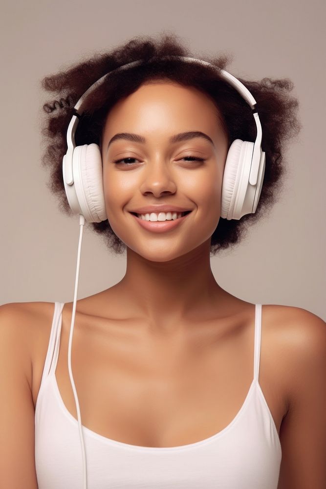 Mixed race woman headphones portrait smile. AI generated Image by rawpixel.