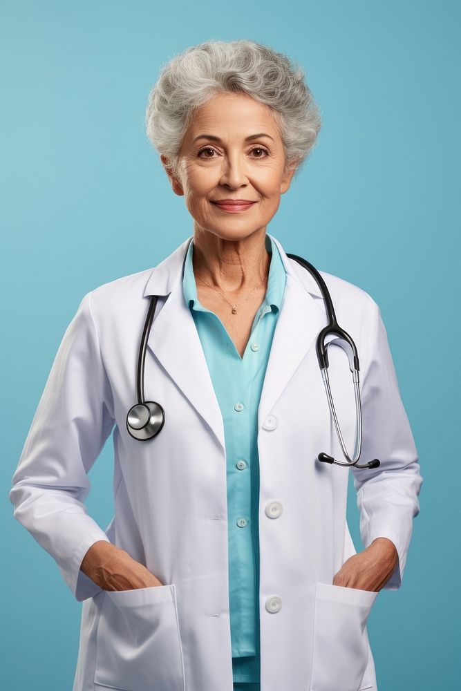 Doctor senior woman adult blue blue background. AI generated Image by rawpixel.