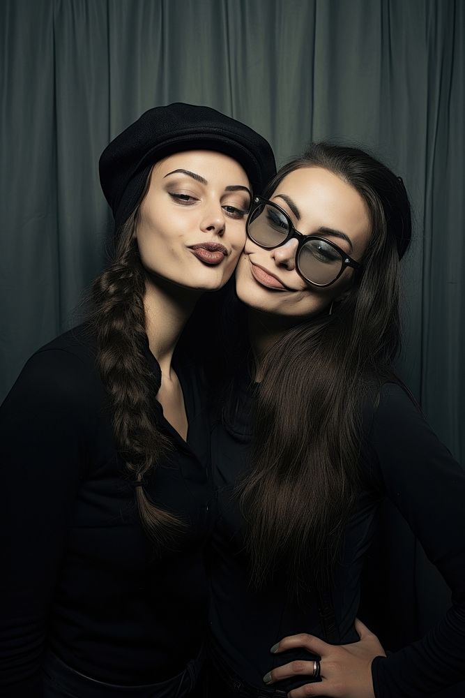 Women couple have a photo booth and are pointing to each other sunglasses portrait adult. AI generated Image by rawpixel.