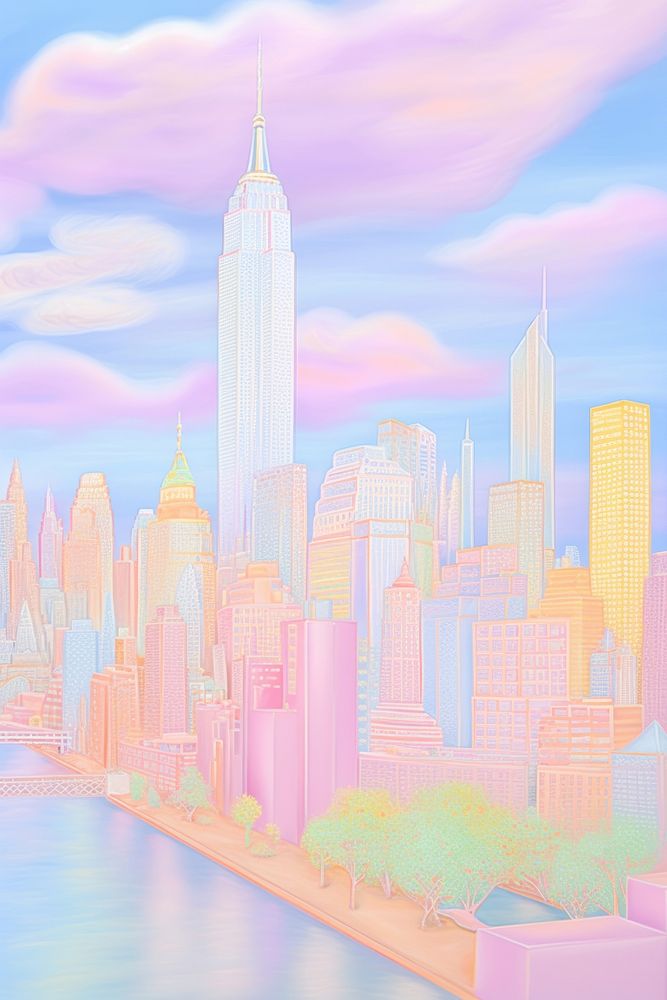 New york city skyline painting architecture metropolis. AI generated Image by rawpixel.