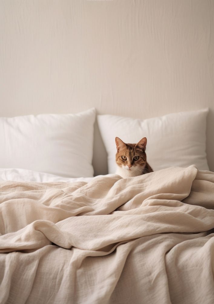 Tabby cat bed furniture blanket. AI generated Image by rawpixel.