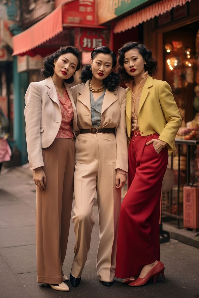Three women dressed in vintage chinatown items are standing a block from one another adult coat togetherness. AI generated…