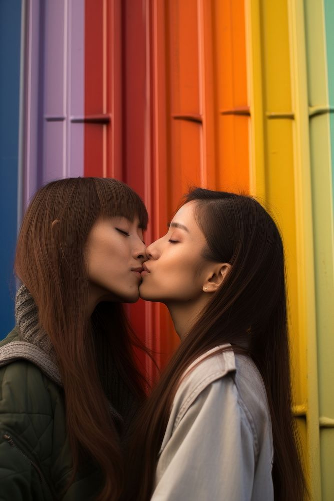 Two women kiss beside a rainbow wall in front of them portrait kissing adult. AI generated Image by rawpixel.