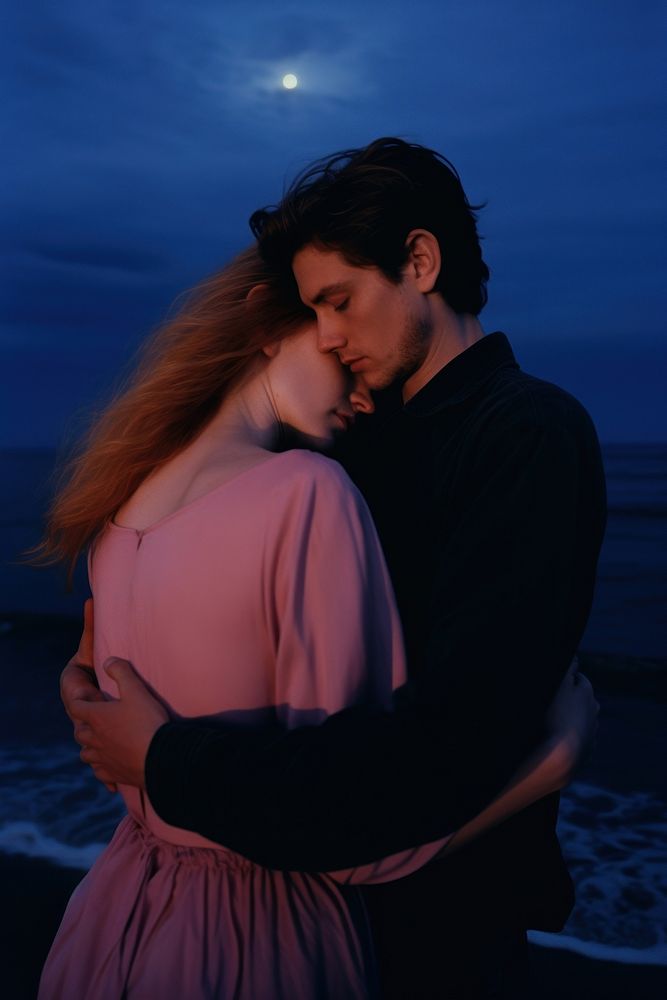 Woman hugging man at the beach at night astronomy portrait outdoors. AI generated Image by rawpixel.